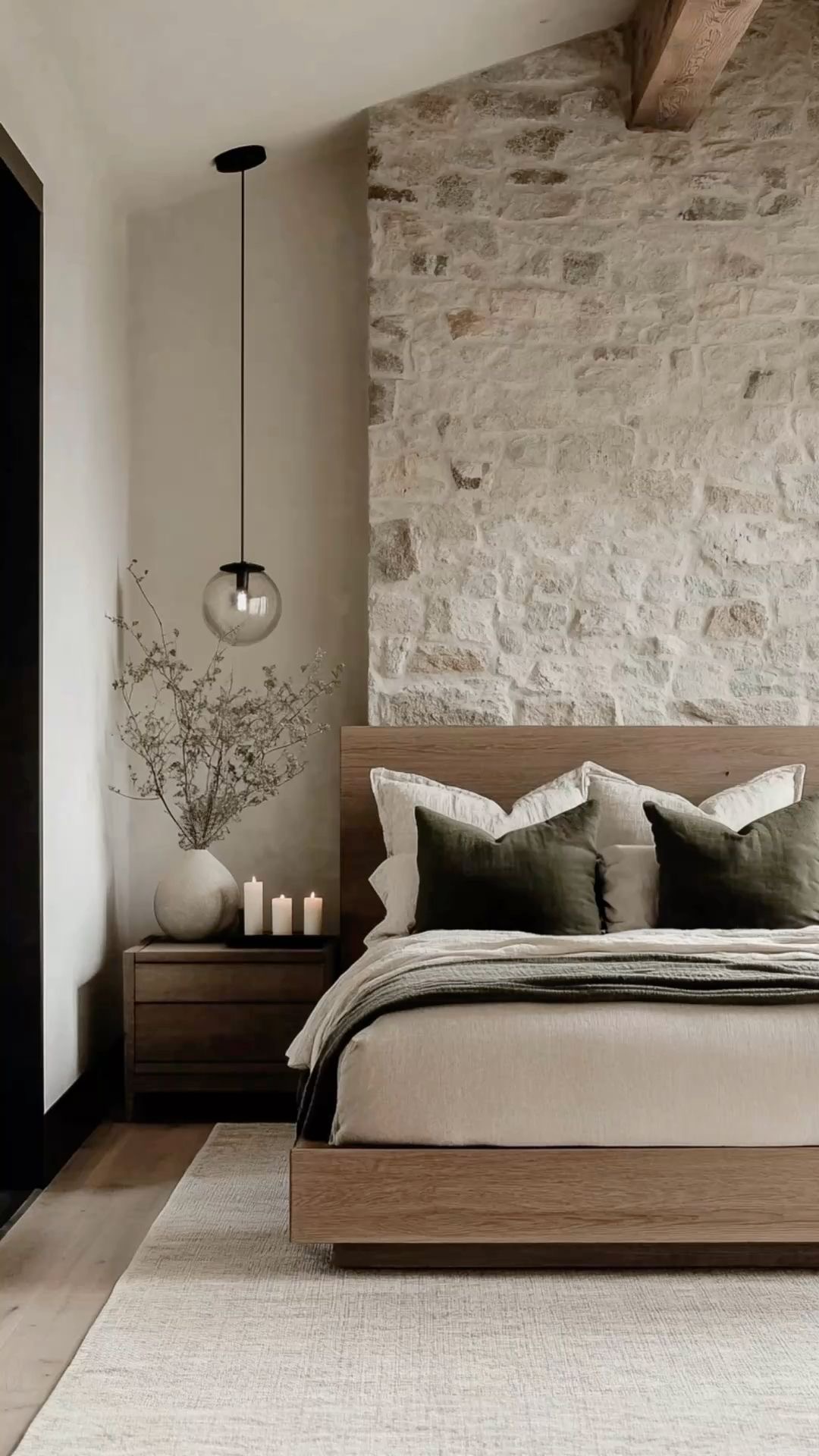 Bedroom with oak bed, olive cushions and textured stone wall