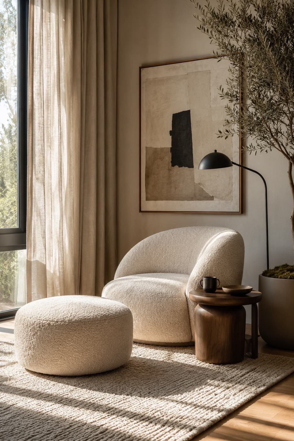 Sunlit reading corner with boucle armchair and ottoman