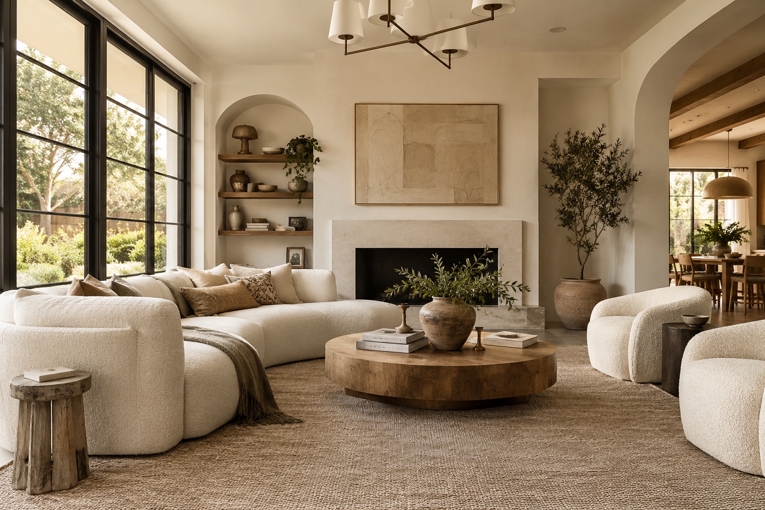 Cream living room with curved seating and round wood coffee table